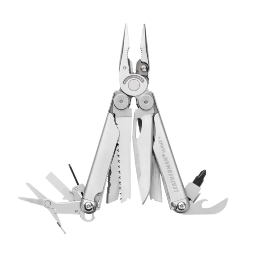 Leatherman Wave+ multitool opened with pliers and multiple blades extended.