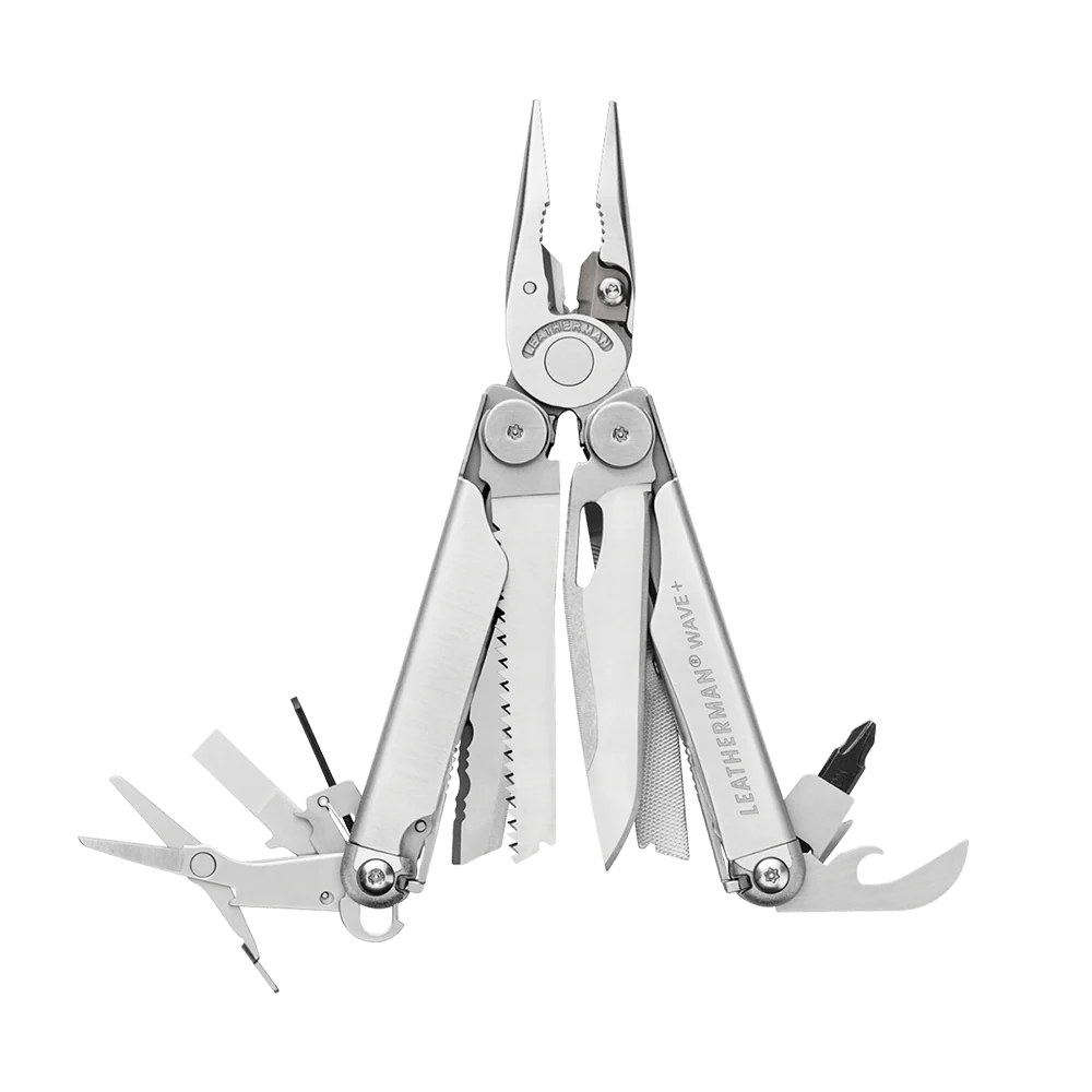 Leatherman Wave+ multitool opened with pliers and multiple blades extended.