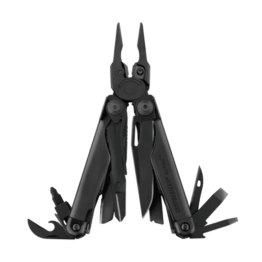 Leatherman Surge multi-tool opened with pliers extended and various fold-out tools visible in black finish