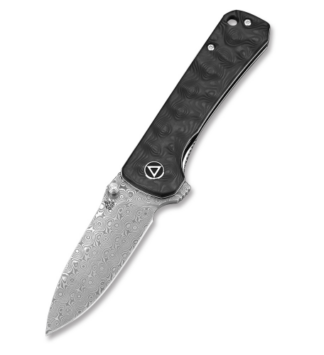 QSP Hawk, Flipper Folding Knife, Damascus Blade, Black Carbon Fibre Handle