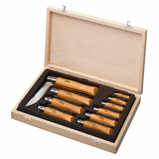 Opinel Traditional Classic Gift Wooden Box Set of 10 Carbon Steel Folding Knives (#02 To #12)