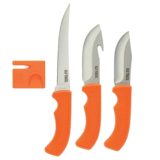 Schrade Old Timer Blaze Hunting Knife 3 Piece Set w/ Sharpener and Nylon Pouch P1105592 - Orange