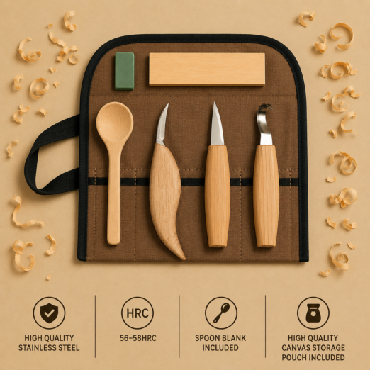 Wood carving tool set in a brown roll with five wooden-handled tools and a green sharpening block on a tan background, with wood shavings around.