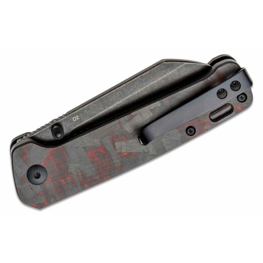 QSP Penguin QS130-URD - Shredded Carbon Fibre/Red G10 Handle with Black Stonewash Blade