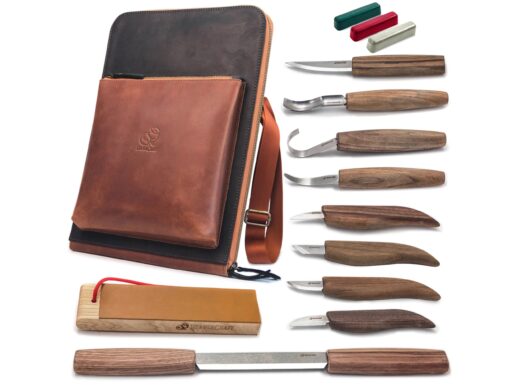 BeaverCraft S50X Deluxe Set of Wood Carving Tools with Walnut Handles in Leather Shoulder Bag