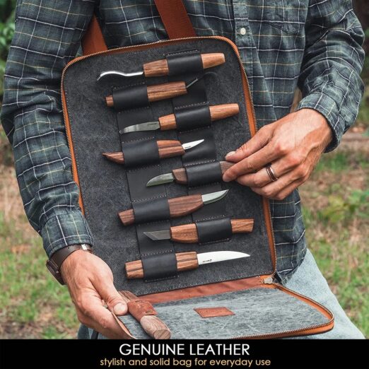 BeaverCraft S50X Deluxe Set of Wood Carving Tools with Walnut Handles in Leather Shoulder Bag