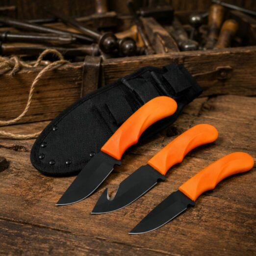 Three orange-handled outdoor knives with black blades on a rough wooden workbench, with a sheath in the background.