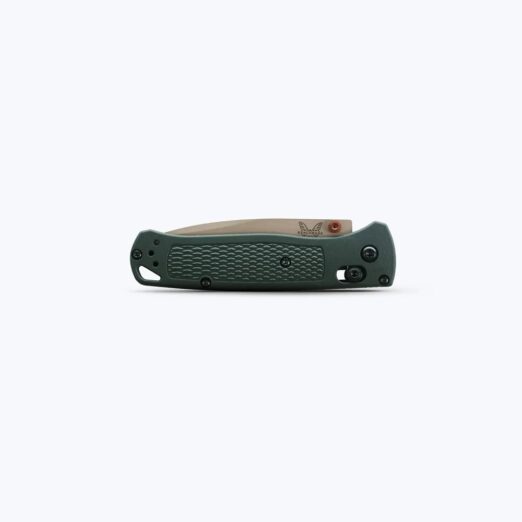 Green folding knife with textured handle and partially visible blade on a white background, viewed from the side.