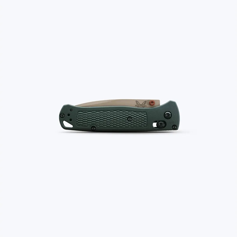 Green folding knife with textured handle and partially visible blade on a white background, viewed from the side.