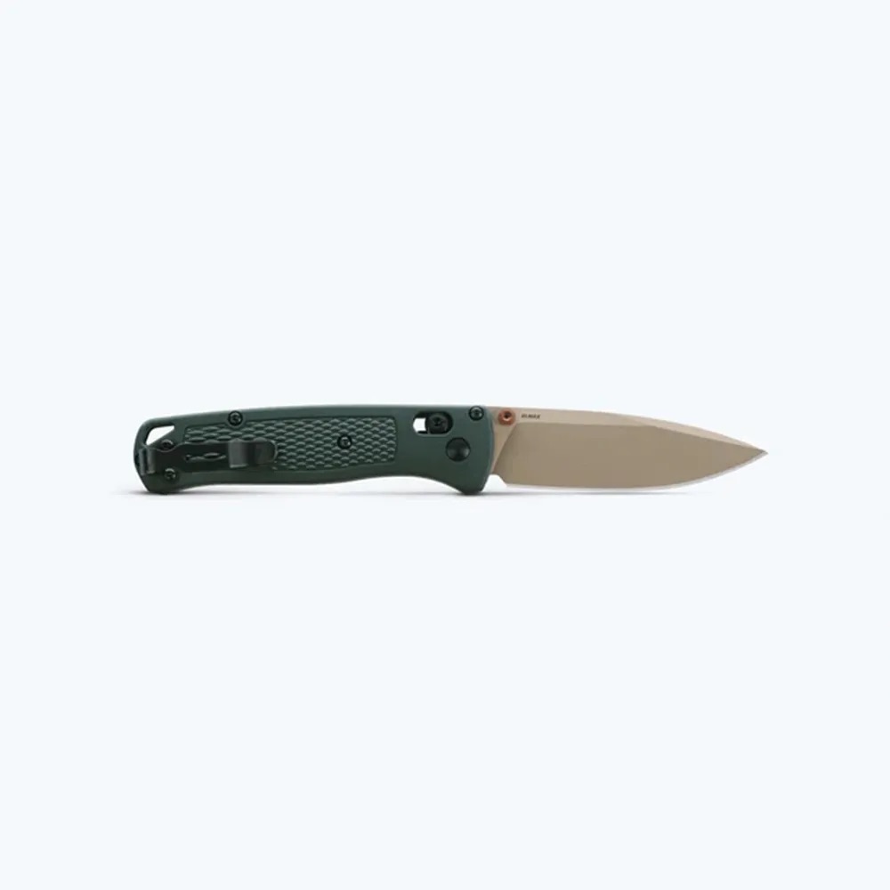 Folding knife with a textured olive-green handle and tan blade, blade partially extended.