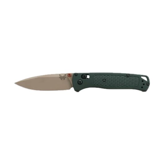 Folding pocket knife with tan blade and dark green textured handle.
