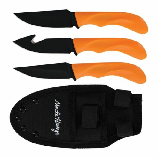 Three orange-handle knives with black blades and a black protective sheath, part of a knife set.