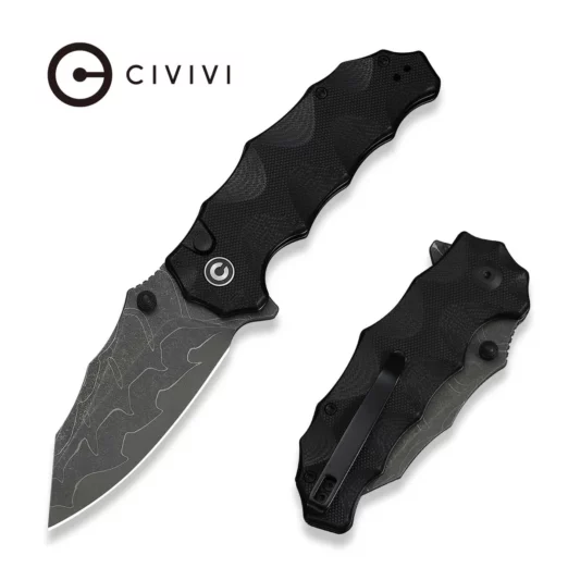 Civivi folding knife with black textured handle and gray patterned blade, shown open and folded on white background