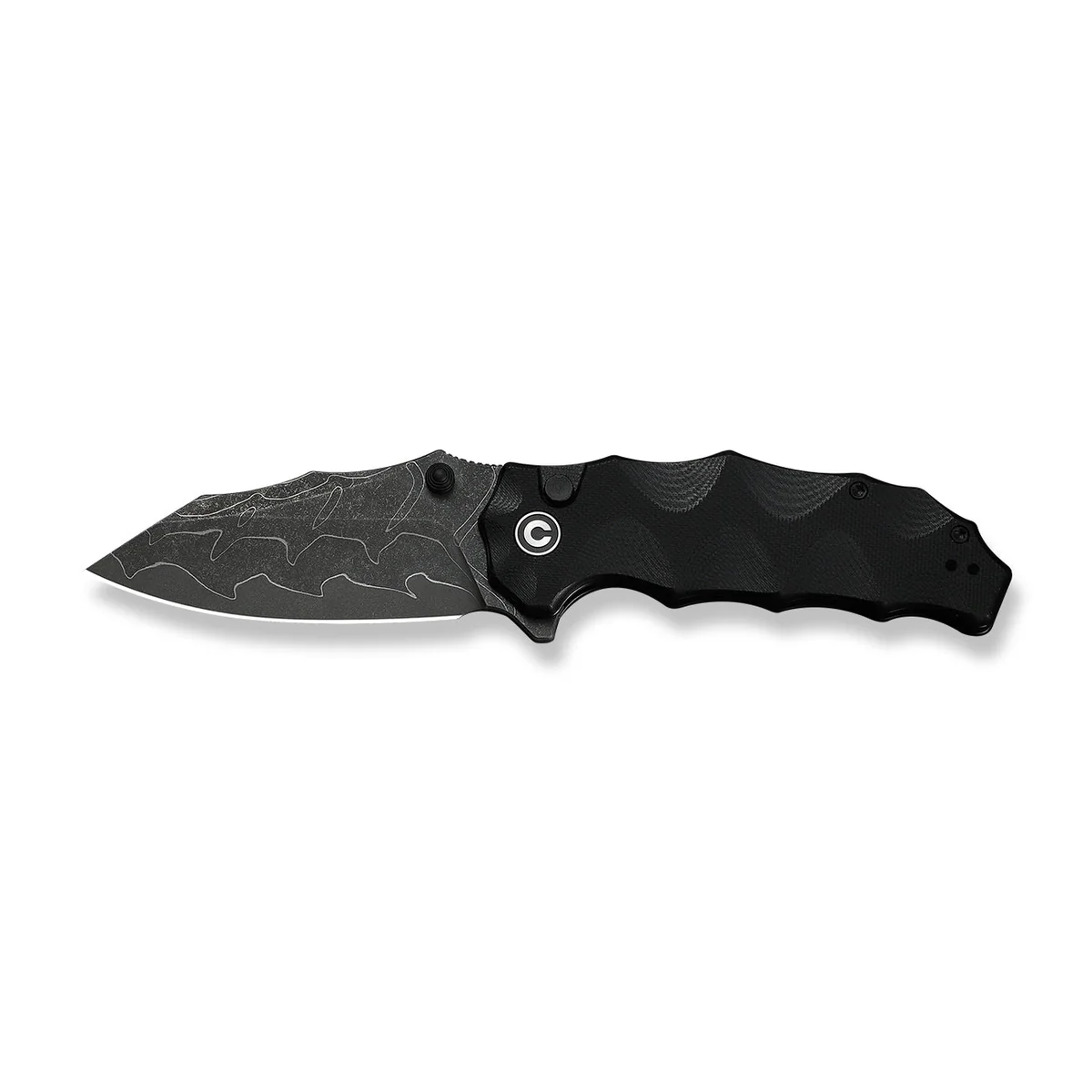 Black folding knife with a gray-patterned Damascus-style blade and textured handle on a white background