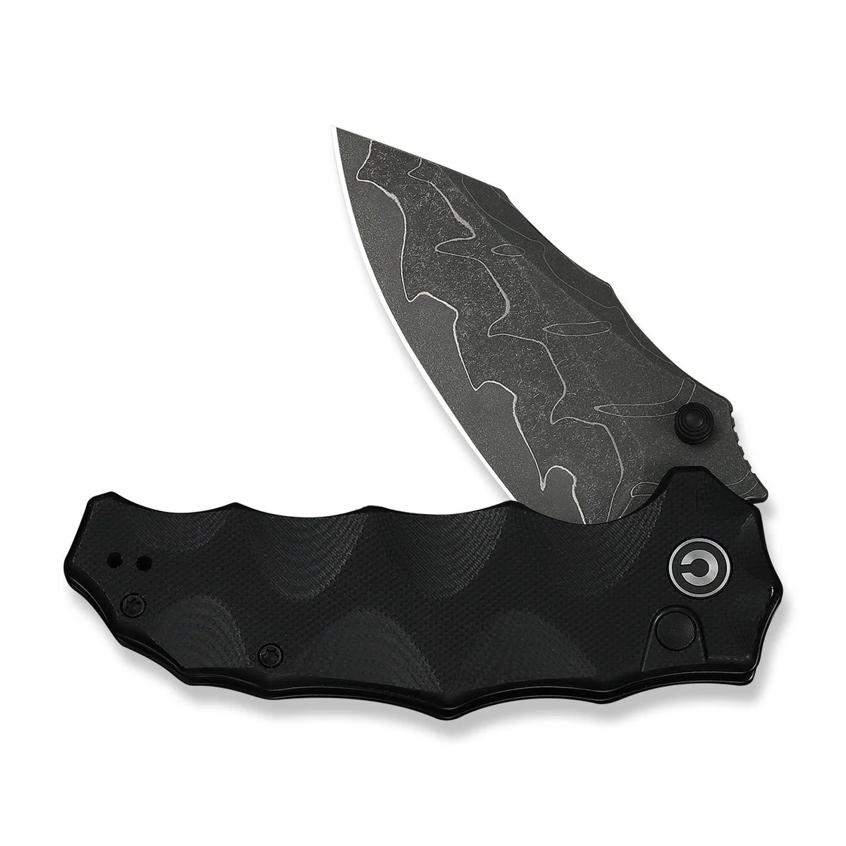 Black folding knife with a textured wavy-pattern handle and a partially opened gray blade with marbled lines shown against a white background, product shot.