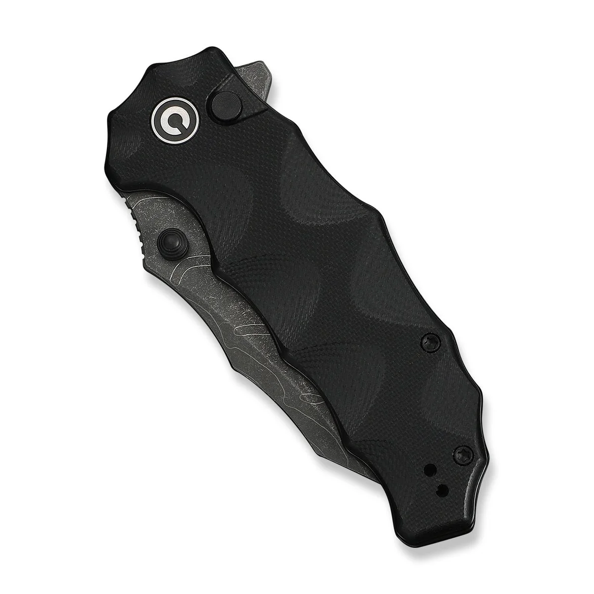 Closed folding pocket knife with a black textured handle and a hint of the blade tang showing at the top left area.