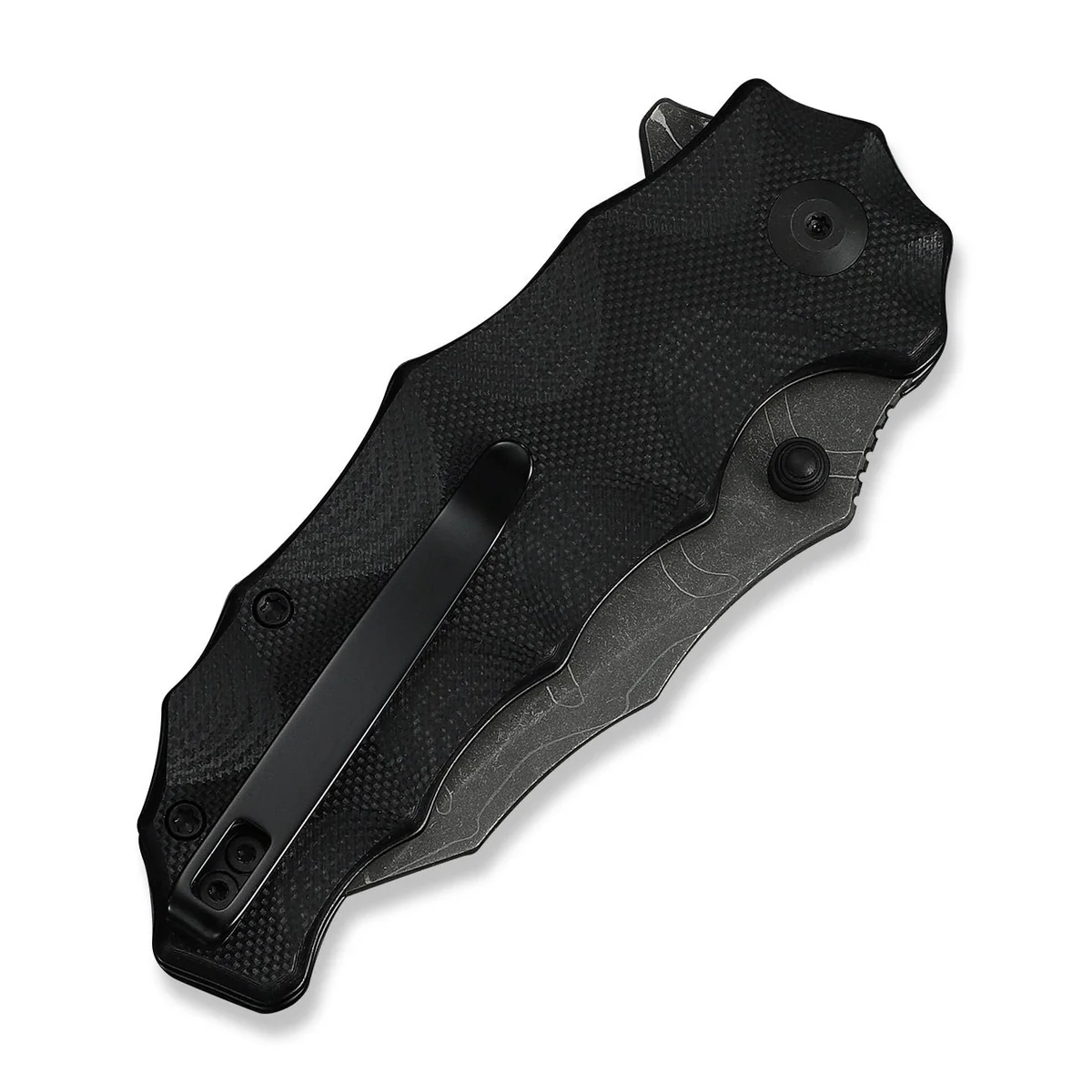 Black folding knife with a textured carbon-fiber handle and a built-in pocket clip, shown from a side angle.