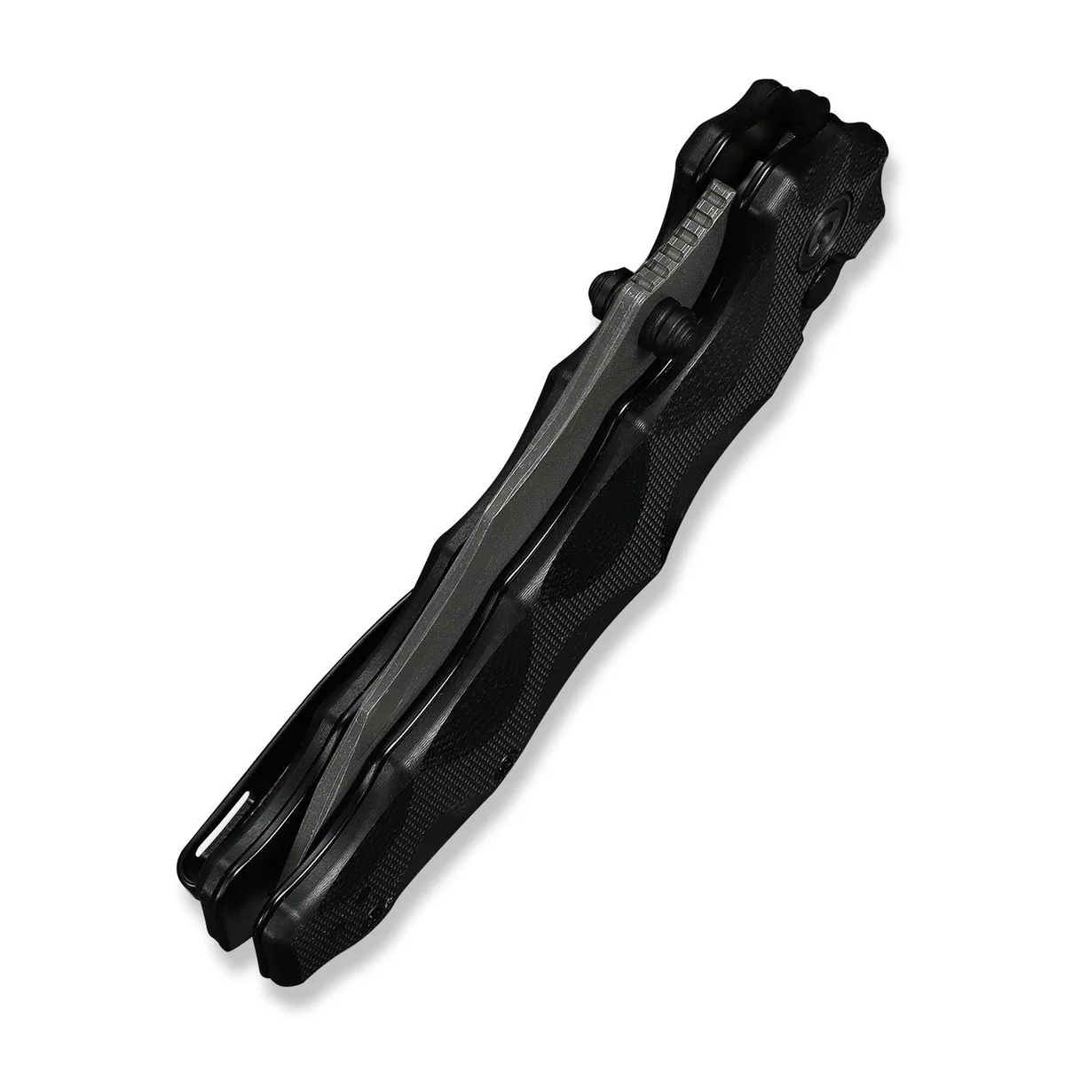 Black folding pocket knife with a textured grip, blade closed.