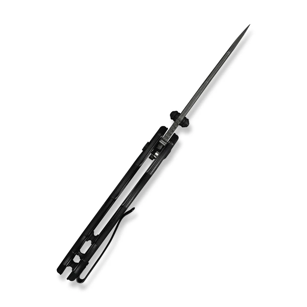 A black spear-like weapon with a long sharp blade attached to a folding black frame, resembling a tactical polearm.
