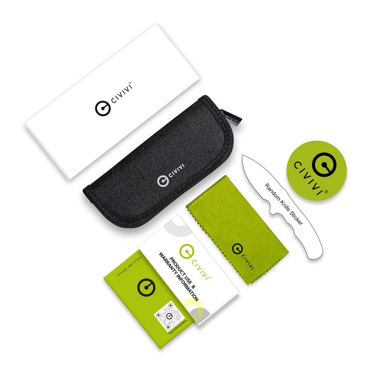CIVIVI product kit: white box, black zip case, lime cleaning cloth, warranty card and circular logo sticker.