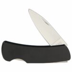 Open folding pocket knife with black handle and stainless steel blade exposed