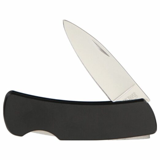 Open folding pocket knife with black handle and stainless steel blade exposed