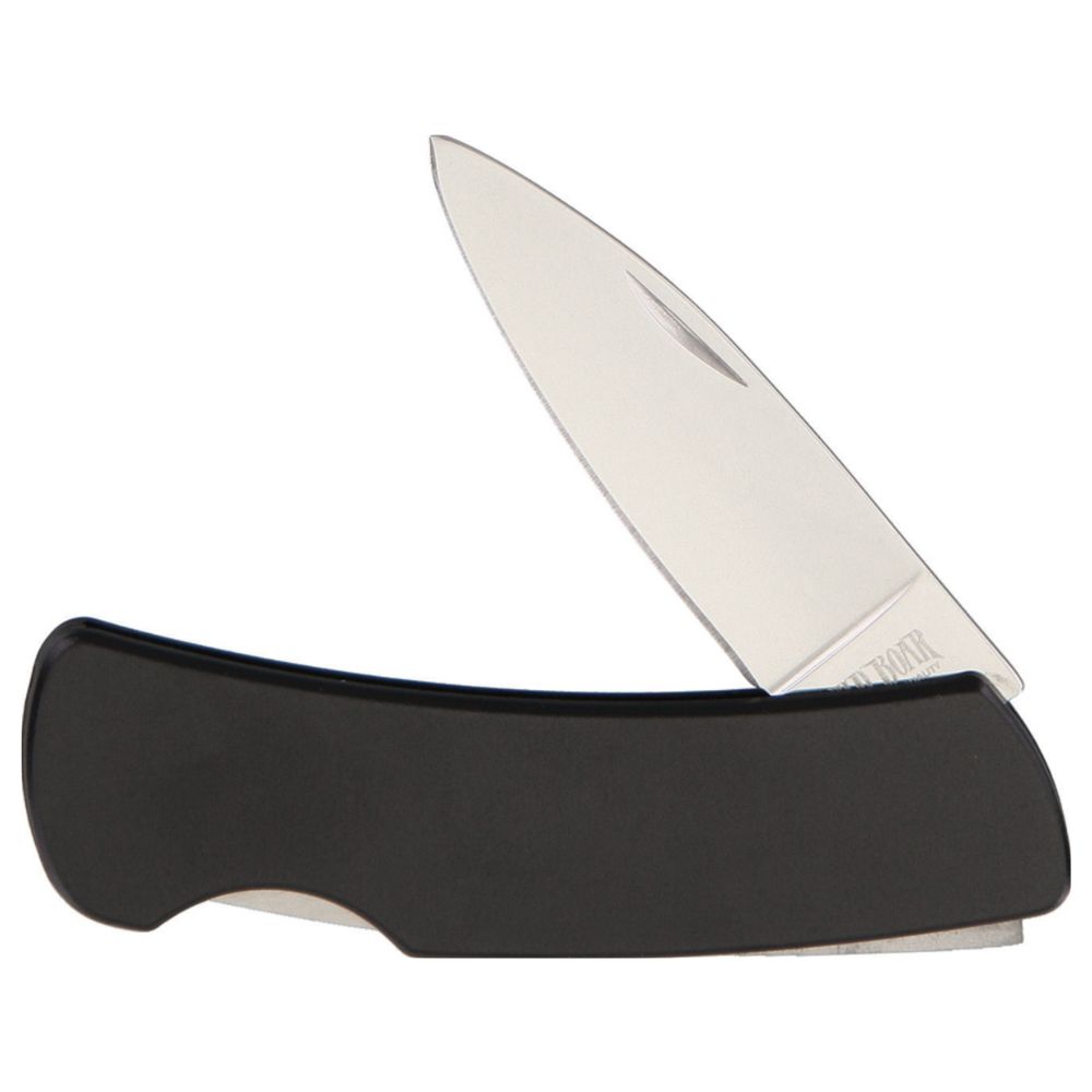 Open folding pocket knife with black handle and stainless steel blade exposed