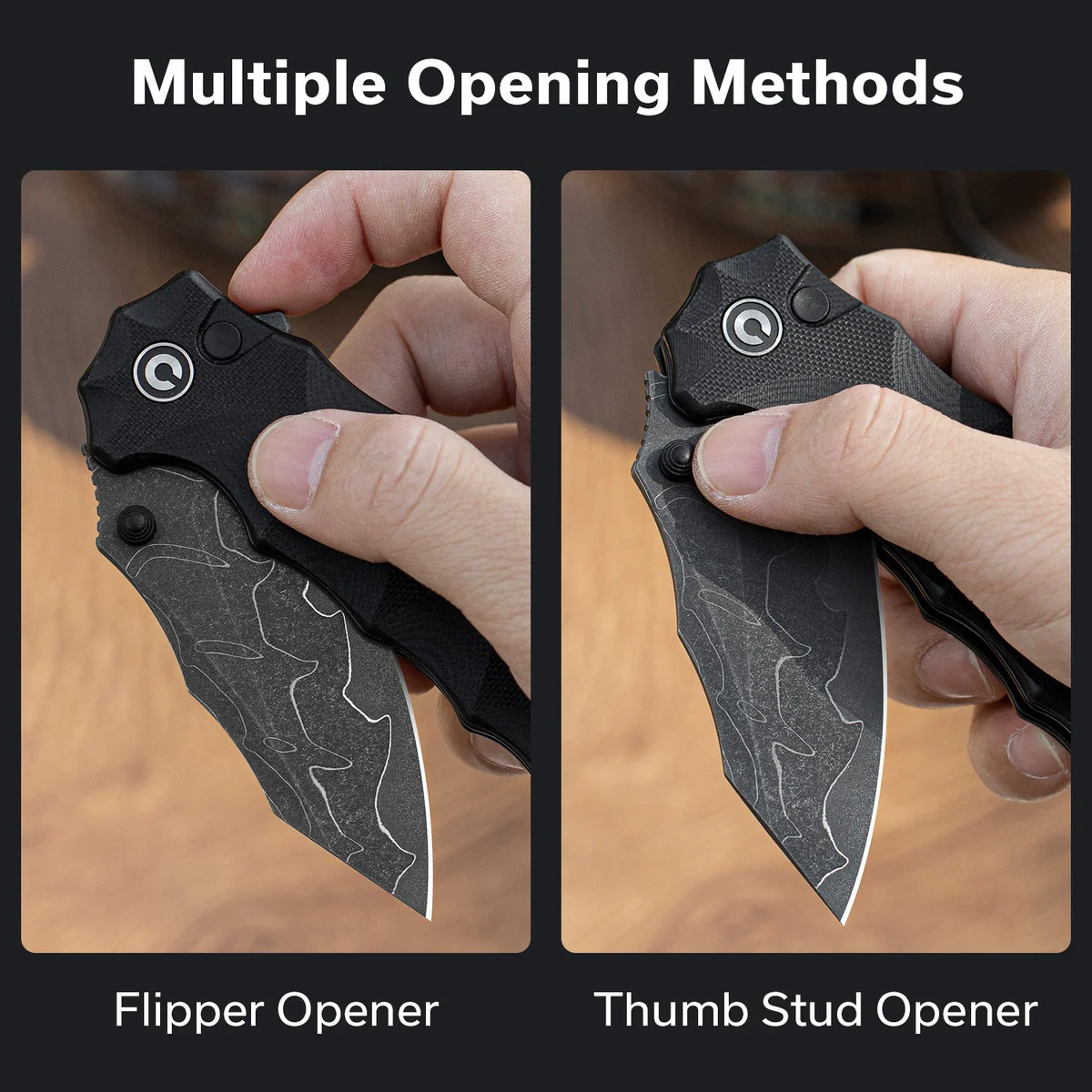 Comparison of knife opening methods: left panel shows a flipper opener being deployed; right panel shows a thumb‑stud opener being used.