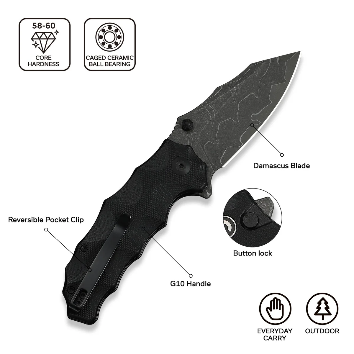 Folding knife with Damascus blade, textured G10 handle, button lock, and reversible pocket clip; notes core hardness 58–60 and ceramic ball bearing for smooth deployment.