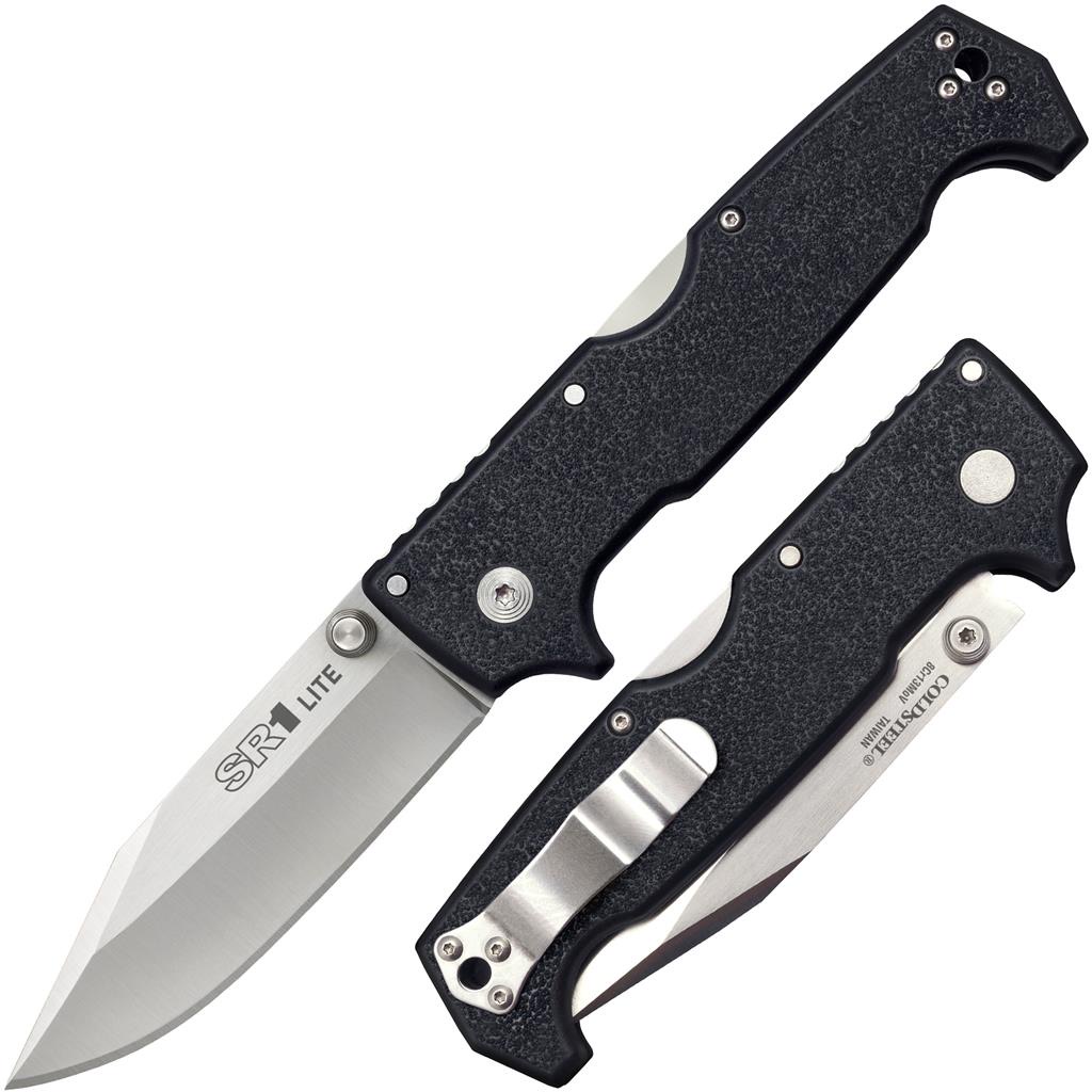 Two black textured-handle folding knives with silver blades, one opened and one folded, shown on a white background (SR1 Lite).