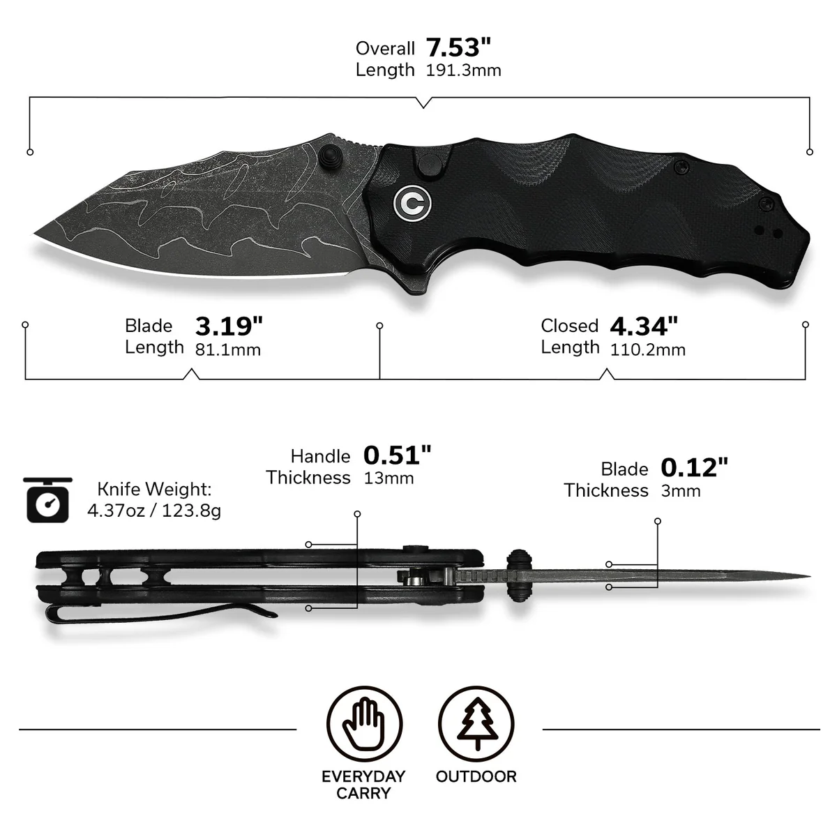 Knife with labeled measurements: overall length 7.53 in, blade 3.19 in, closed 4.34 in, handle 0.51 in thick; blade 0.12 in thick; weight 4.37 oz (123.8 g).