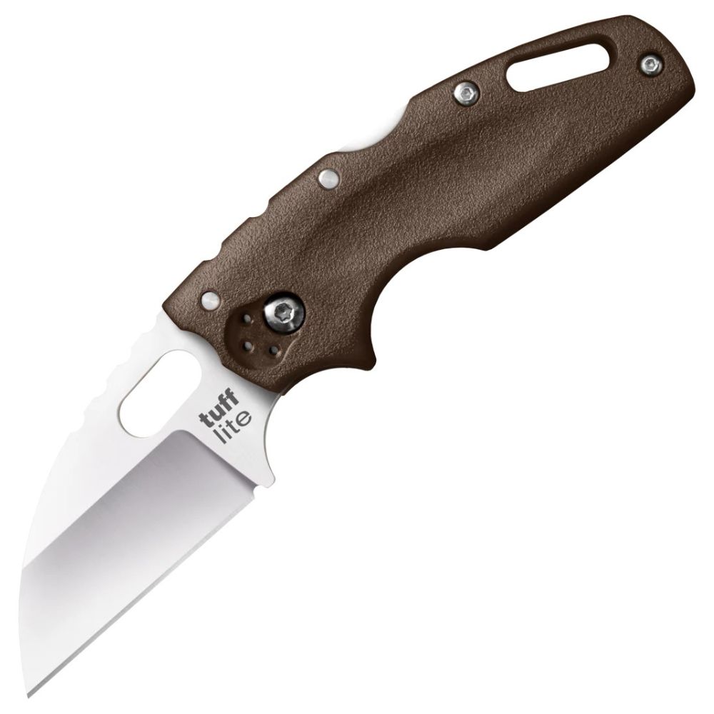 Brown textured folding knife with a white drop-point blade labeled 'tuff lite'