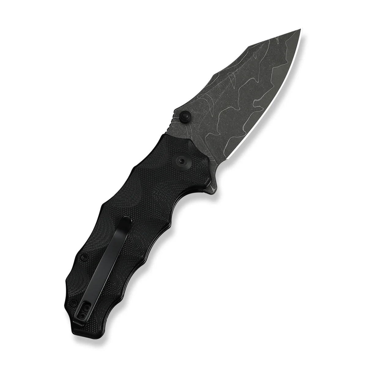 Black folding knife with a textured black handle, gray patterned blade, and pocket clip visible