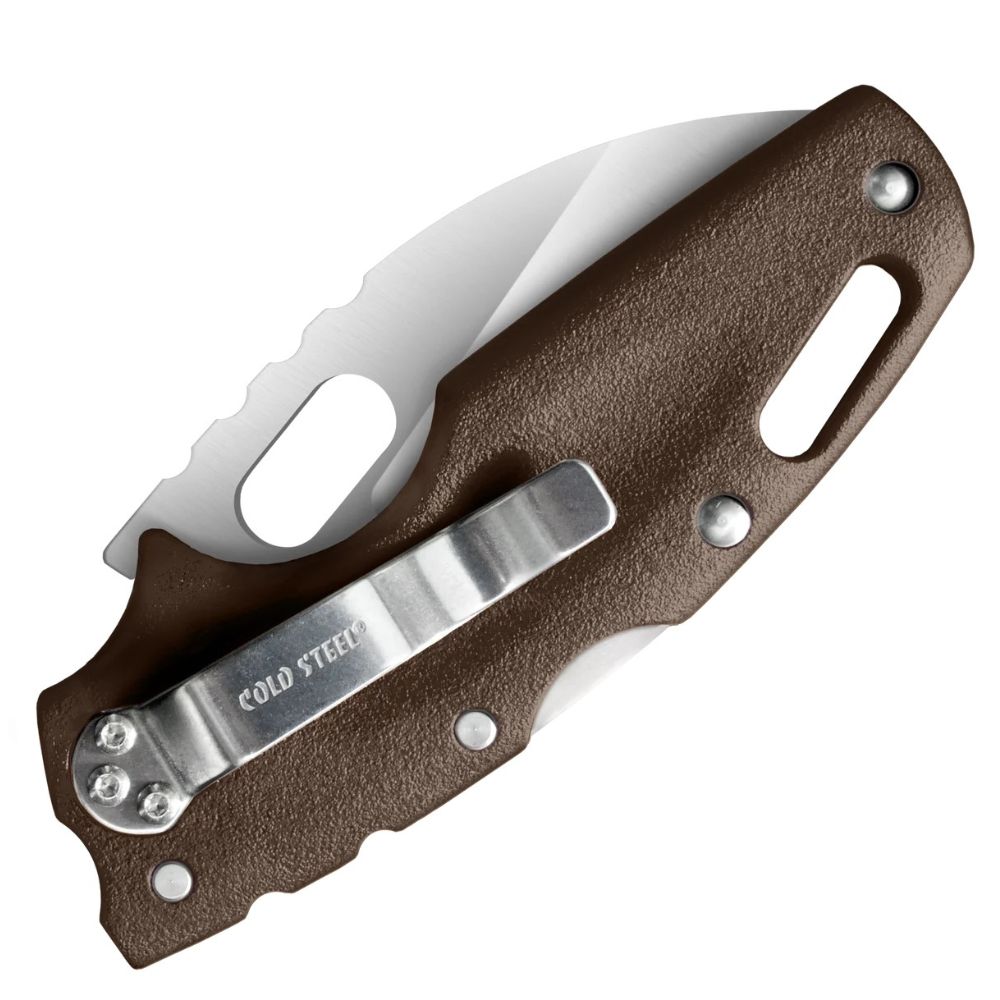 Folding pocket knife with a brown textured handle and partially extended silver blade, featuring a metal pocket clip on the side.