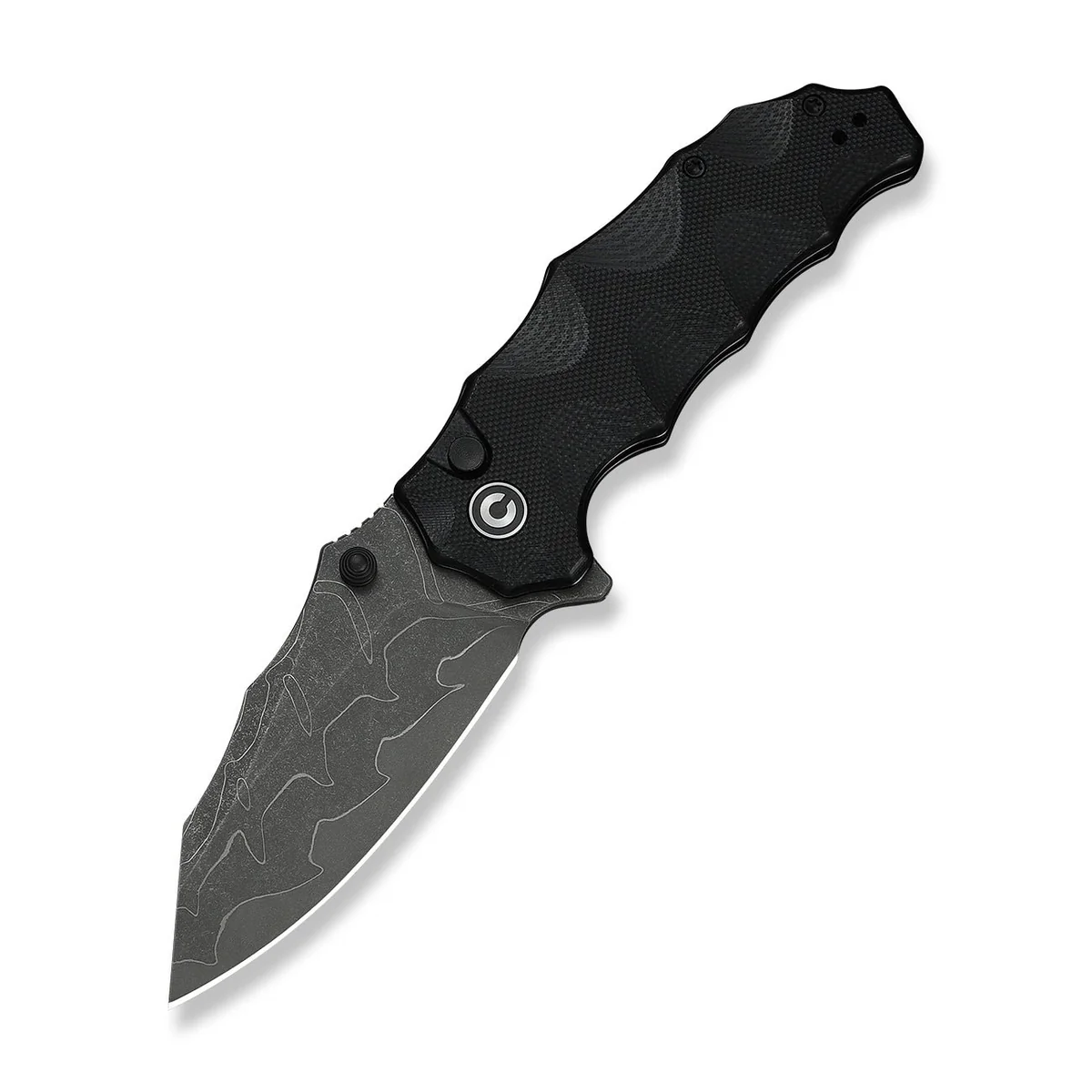 Black textured knife with a gray patterned blade and a circular button near the handle.
