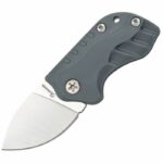 Folding knife with a gray ergonomic handle and a stainless steel blade extended.