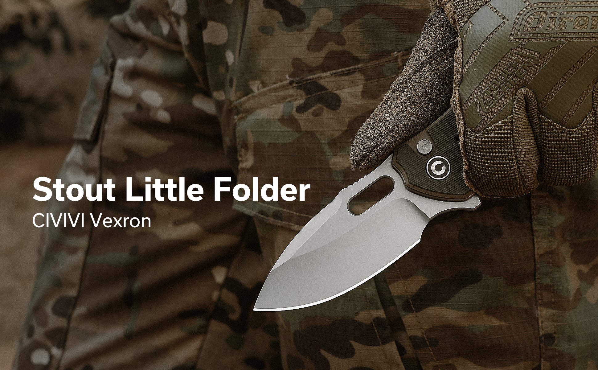 Close-up of a folding knife held against camouflage fabric, featuring the Stout Little Folder by CIVIVI Vexron.