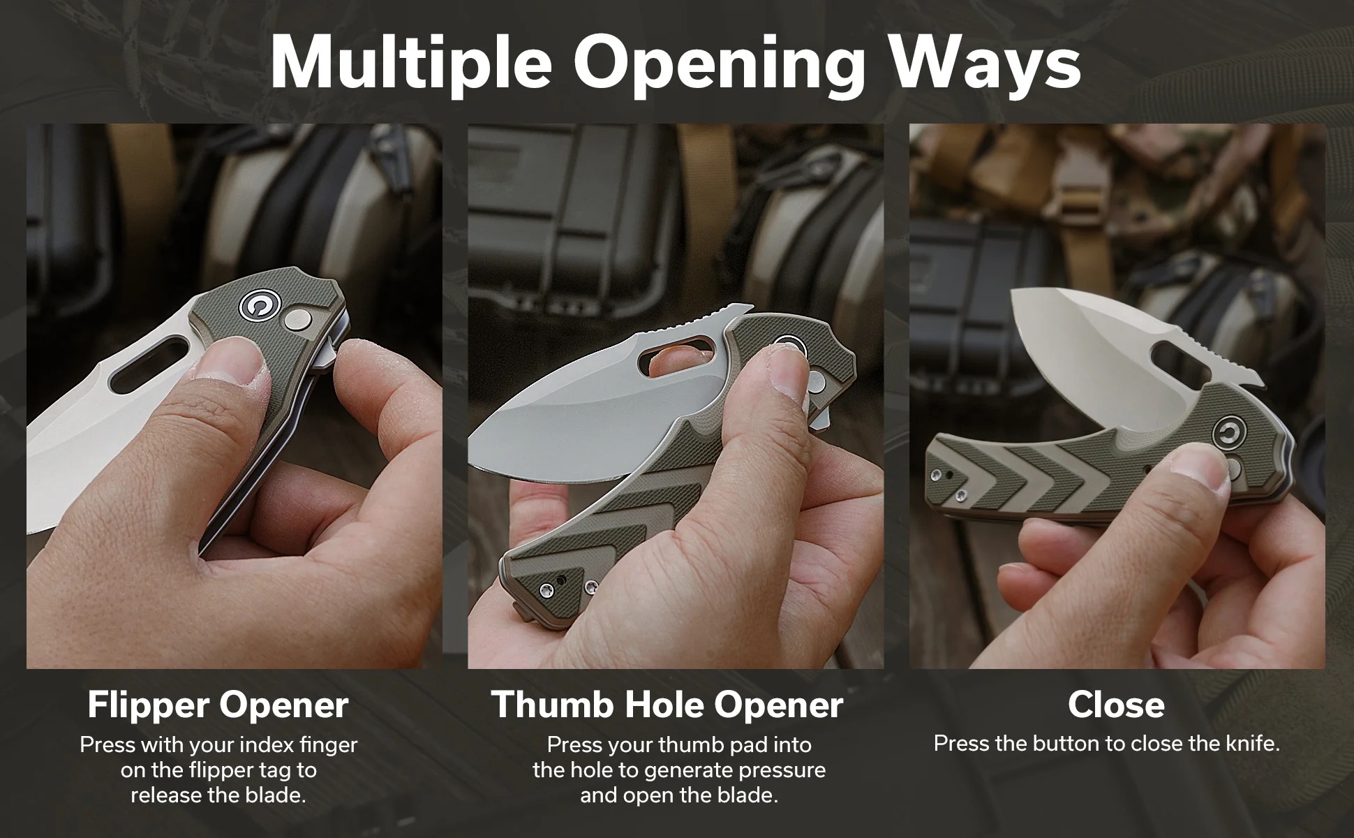Demo of a folding knife showing multiple opening methods: flipper, thumb-hole, and closing button.