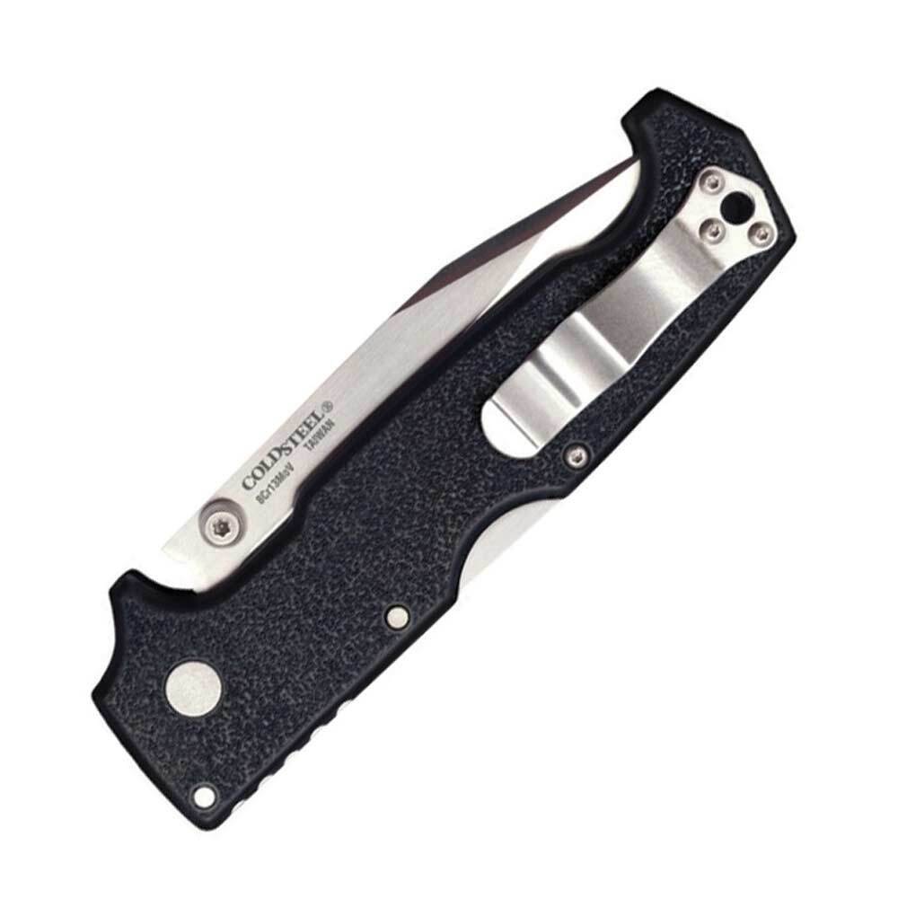 Foldable pocket knife with a textured black handle and a partially extended stainless steel blade, showing a metal pocket clip