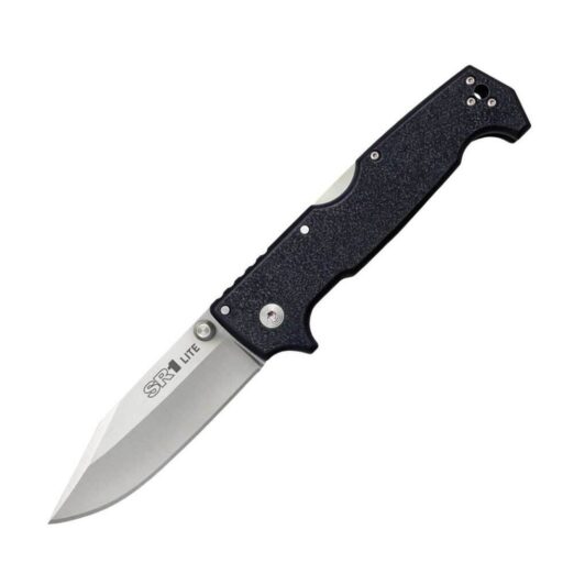 Folding pocket knife with a black textured handle and a silver drop-point blade marked SR1 Lite