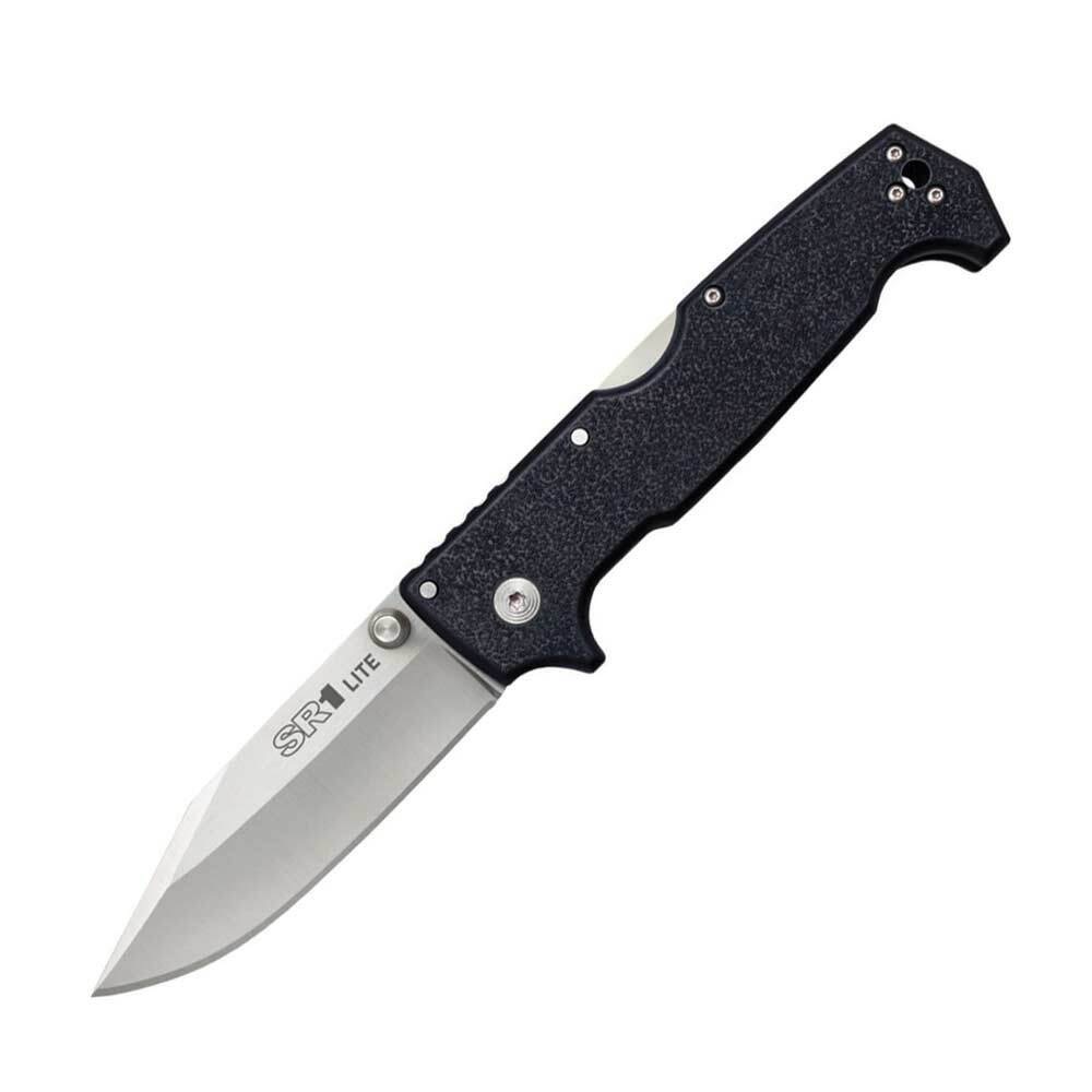 Folding pocket knife with a black textured handle and a silver drop-point blade marked SR1 Lite
