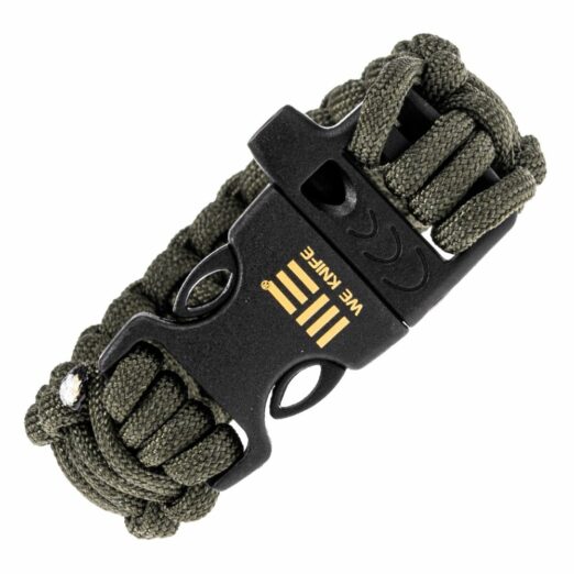 Olive green paracord survival bracelet with a black plastic buckle, photographed close-up.