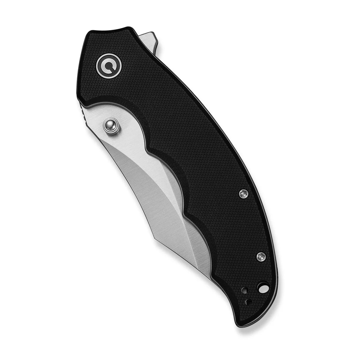 Partially opened folding knife with a black textured handle and silver blade exposed.