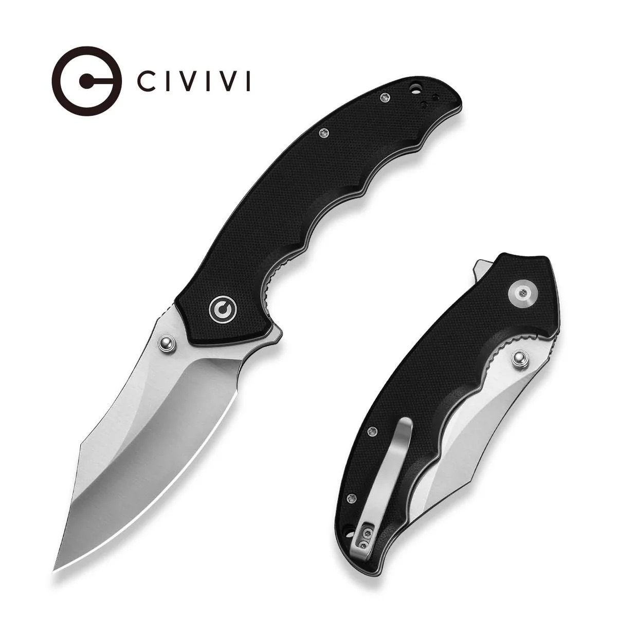 Civivi folding knife with black textured handle shown both open and closed, highlighting blade and pocket clip.