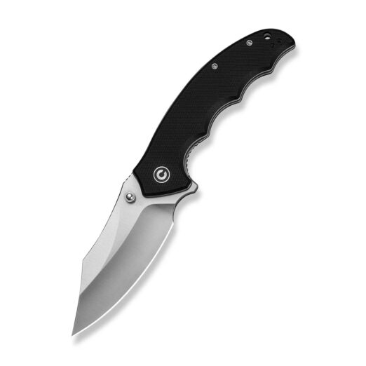 Folding knife with a black textured handle and a silver drop-point blade partially opened against a white background