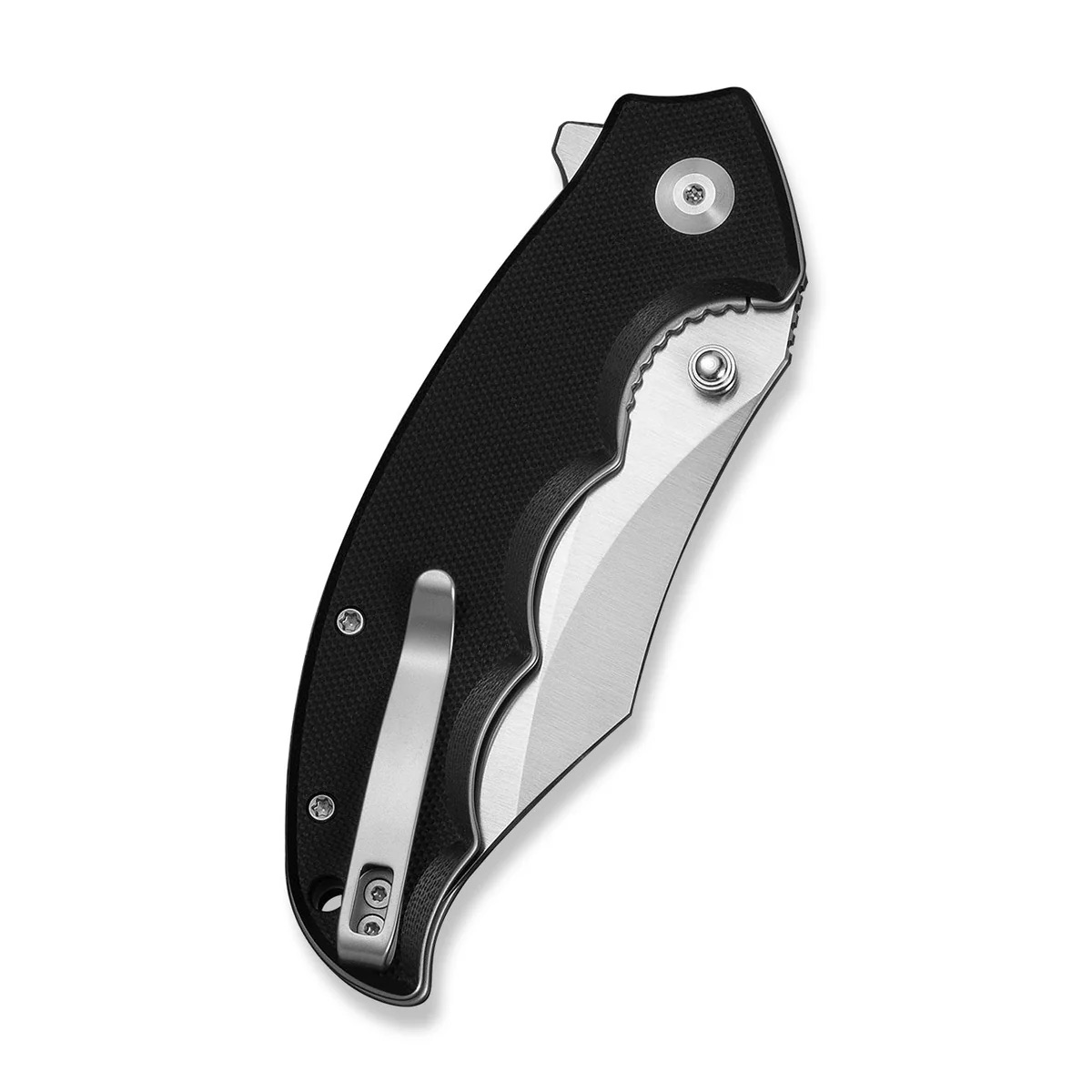 Black folding knife with a textured grip and silver blade in a closed, clipped position.
