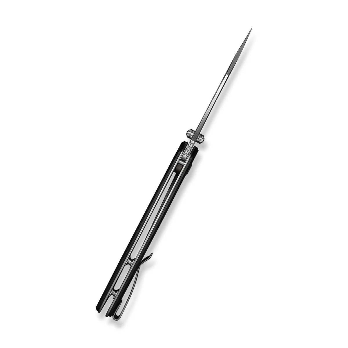 Retractable precision scalpel with a long sharp blade extended from a black metal handle on a white background.