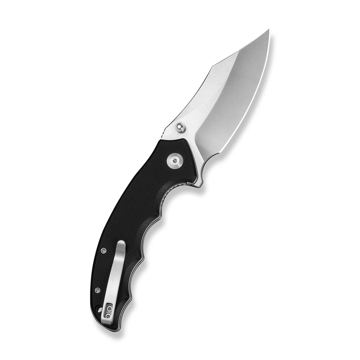 Folding pocket knife with a black textured handle and a silver drop-point blade.