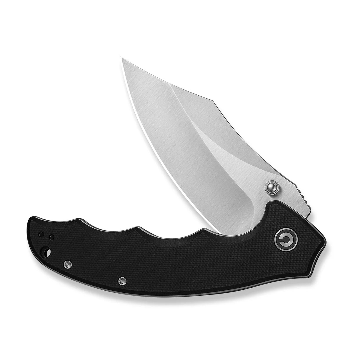 Folding knife with a curved blade, partially open, black textured handle against a white background