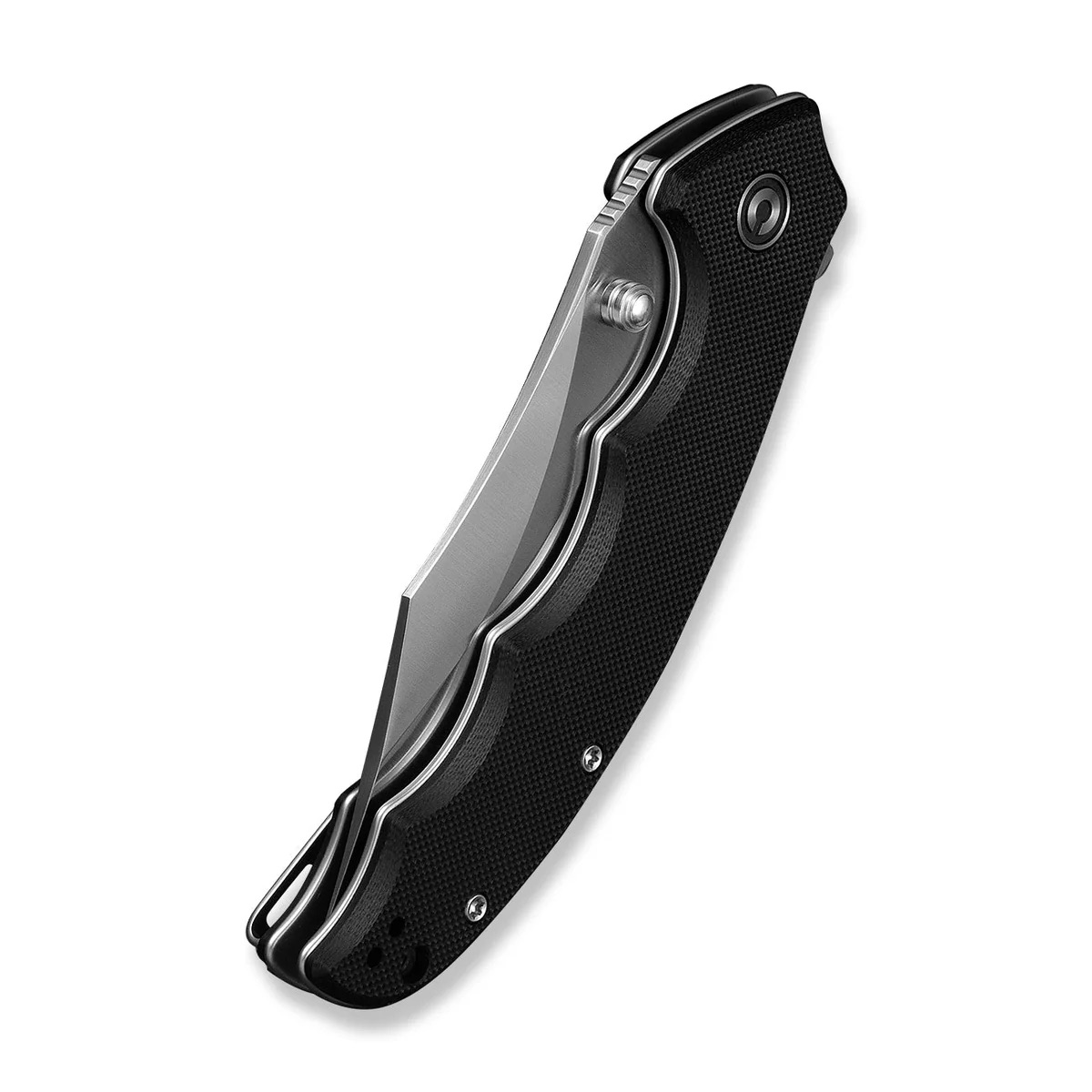 Black folding pocket knife with a partially extended silver blade and textured grip.
